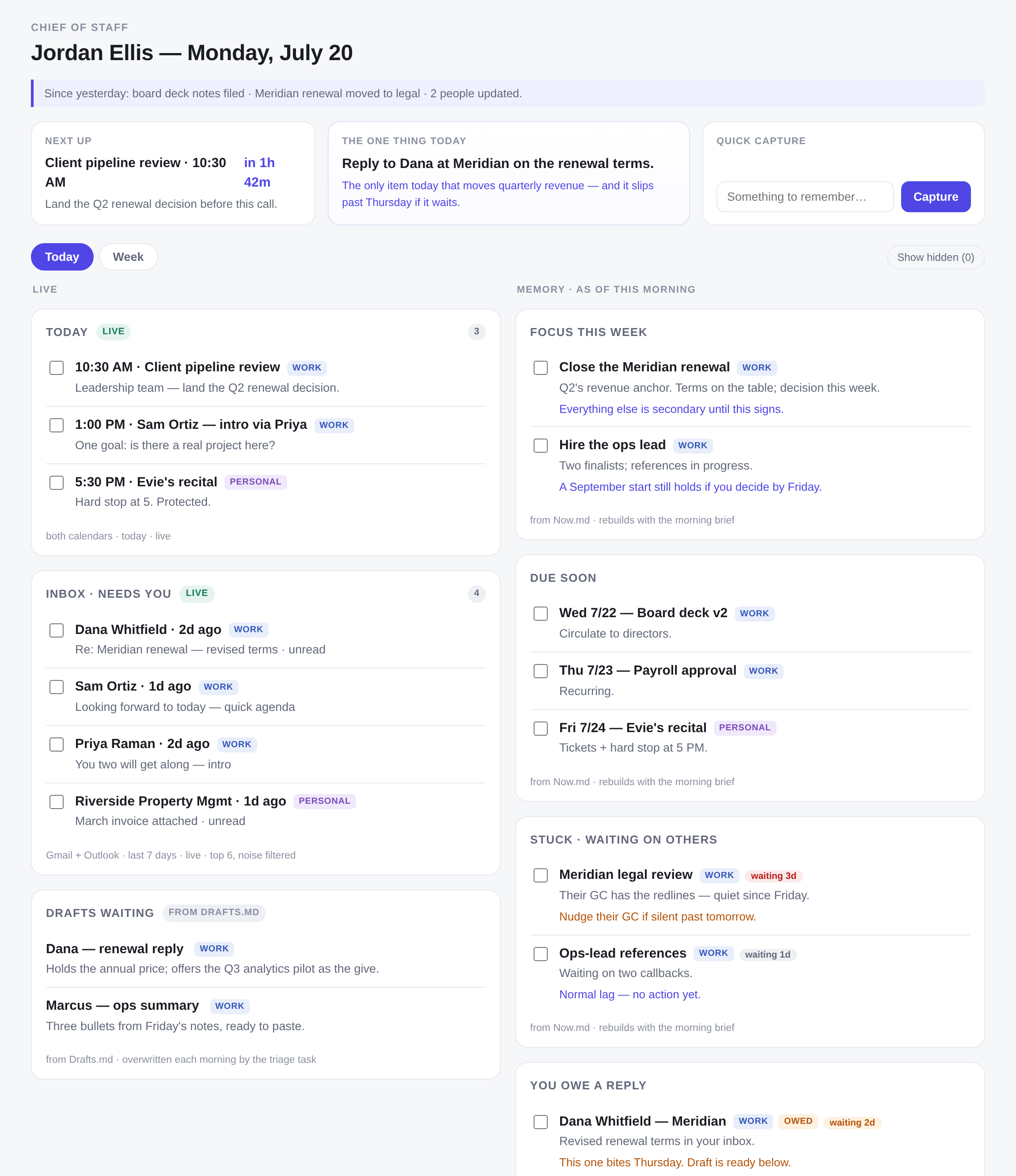 Full Chief of Staff dashboard with example data