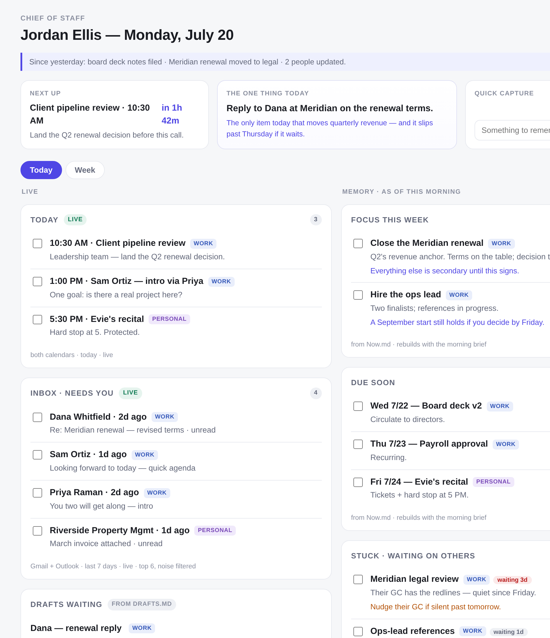 A working AI chief of staff dashboard, shown with example data